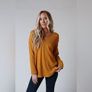 Three Bird Nest Mustard Open Back Thermal Knit Top | Size Small